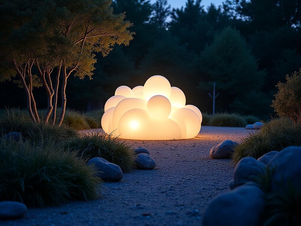 直島の夜の庭園に設置されたインタラクティブな光の彫刻